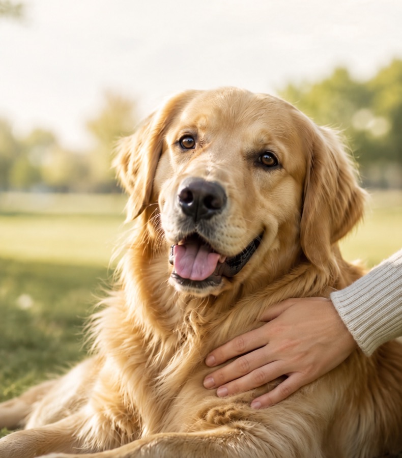 Golden Retriever liegt entspannt auf einer Wiese
